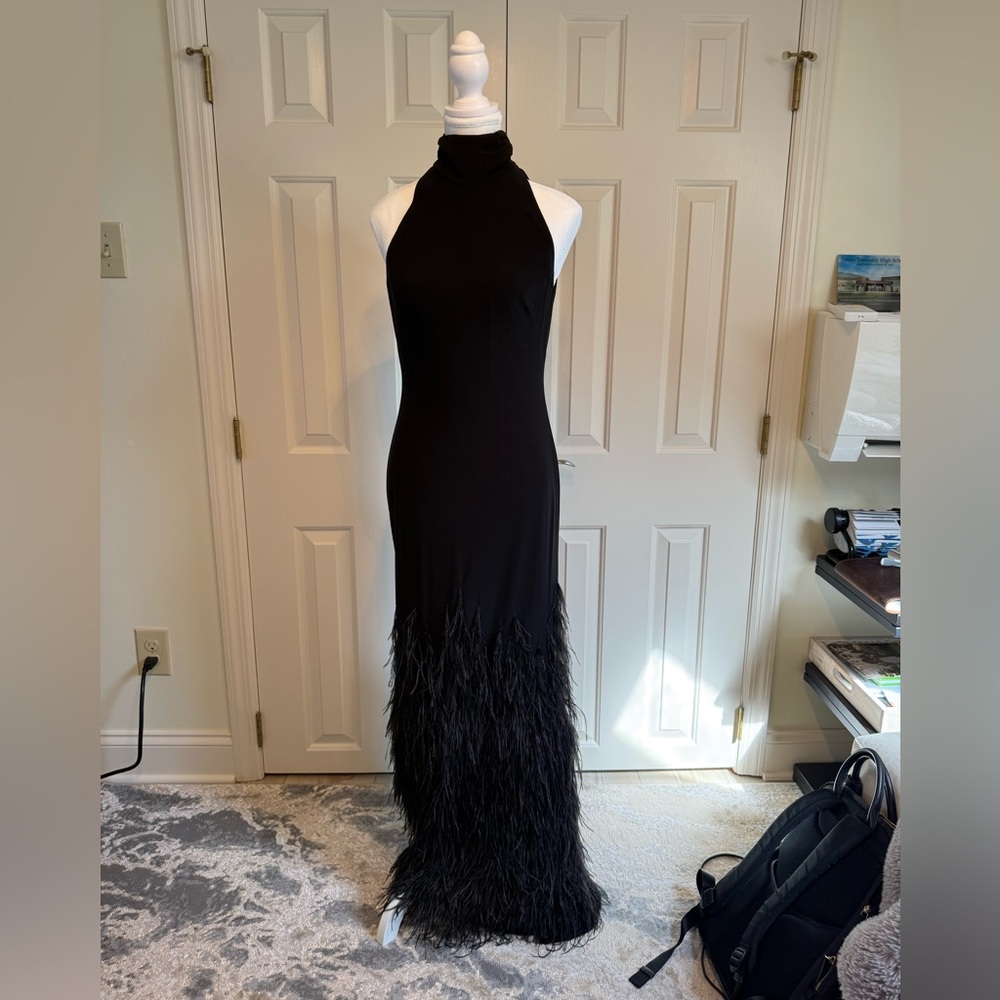 Mac Duggal Black Halter Jersey Gown with ostrich Feathered Skirt size 2 - Picture 2 of 6